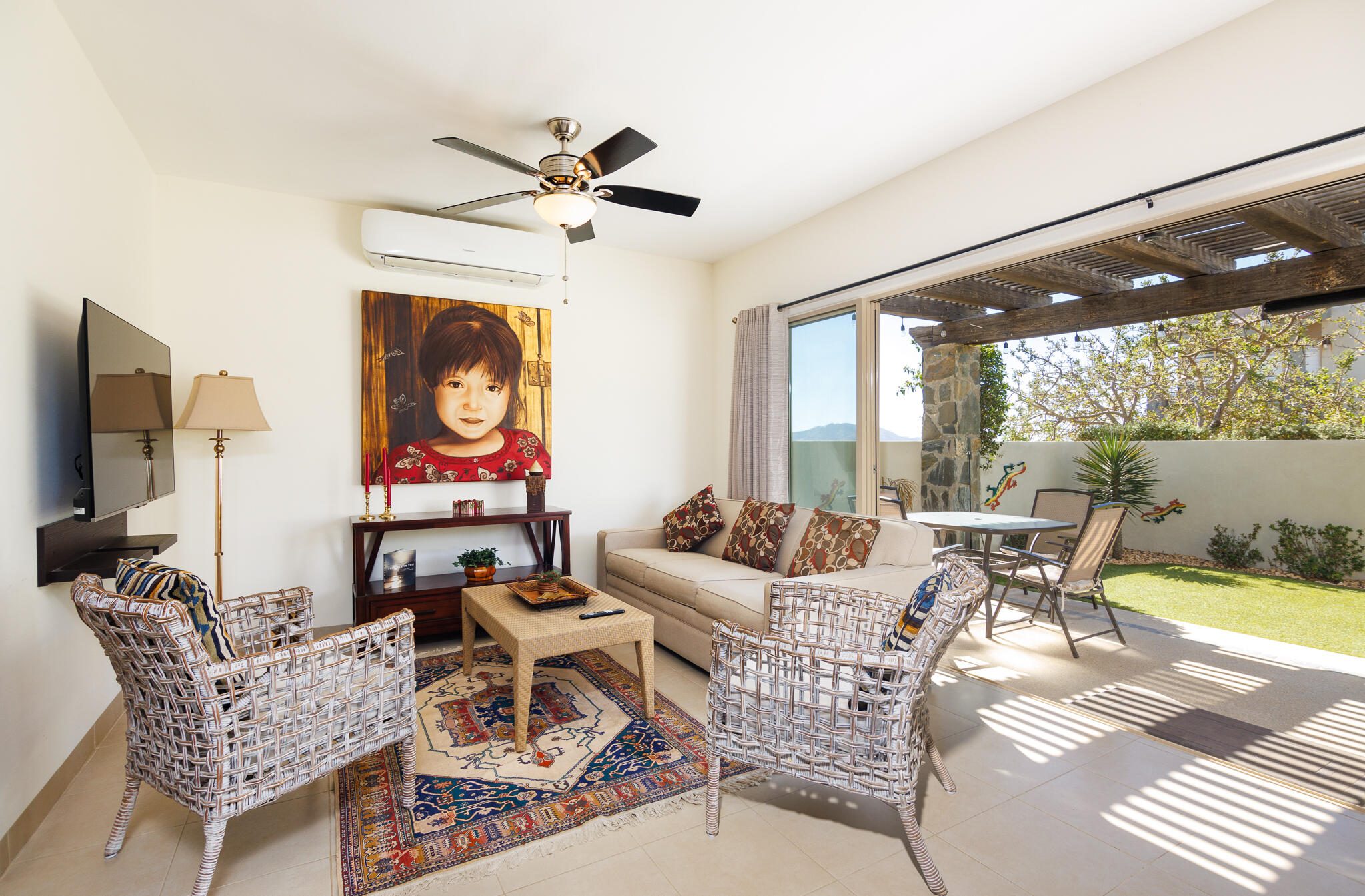 Los Cabos Casa Mex-Agaves Situated within the Casa Mexicana - Agaves community, this thoughtfully designed three-bedroom residence offers a functional and well-planned layout. The main level features a bedroom with an en-suite bathroom and walk-in closet, ideal for guests, multigenerational living, or those seeking stair-free access.A spacious outdoor terrace on the first floor, surrounded by tropical landscaping, provides a serene setting for both relaxation and entertaining. With multiple seating areas, it stands out as a unique feature within Casa Mexicana. The upper level includes two additional bedrooms, each with en-suite bathrooms and walk-in closets, along with the home's main living and kitchen areas. The indoor spaces are seamlessly connected to an additional terrace, enhancing the home's indoor-outdoor living appeal.Additional features include a dedicated laundry area, a two-car garage, and accordion-style hurricane shutters, combining comfort with practicality and peace of mind. for sale
