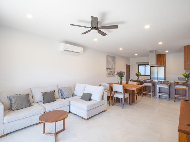 Los Cabos Casa Nima Unique 2-bedroom, 2-bathroom condo in Casa Nima featuring a distinctive loft-style design. The main level offers a guest bedroom with a full bathroom, a well-equipped kitchen, and a stunning double-height living area that creates an open and airy feel, seamlessly connecting to a private terrace--perfect for enjoying Cabo's sunsets. Upstairs, the loft-style primary bedroom includes its own full bathroom and overlooks the living area, adding character and charm. Located in Casa Nima, residents enjoy top amenities including a restaurant, yoga area, pickleball courts, coworking space, kids club, and more, all within a beautifully designed low-density community. for sale